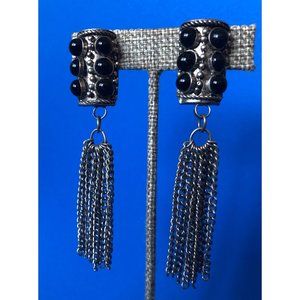Vintage Etruscan Revival Large Black Cabochon Clip-On Earrings